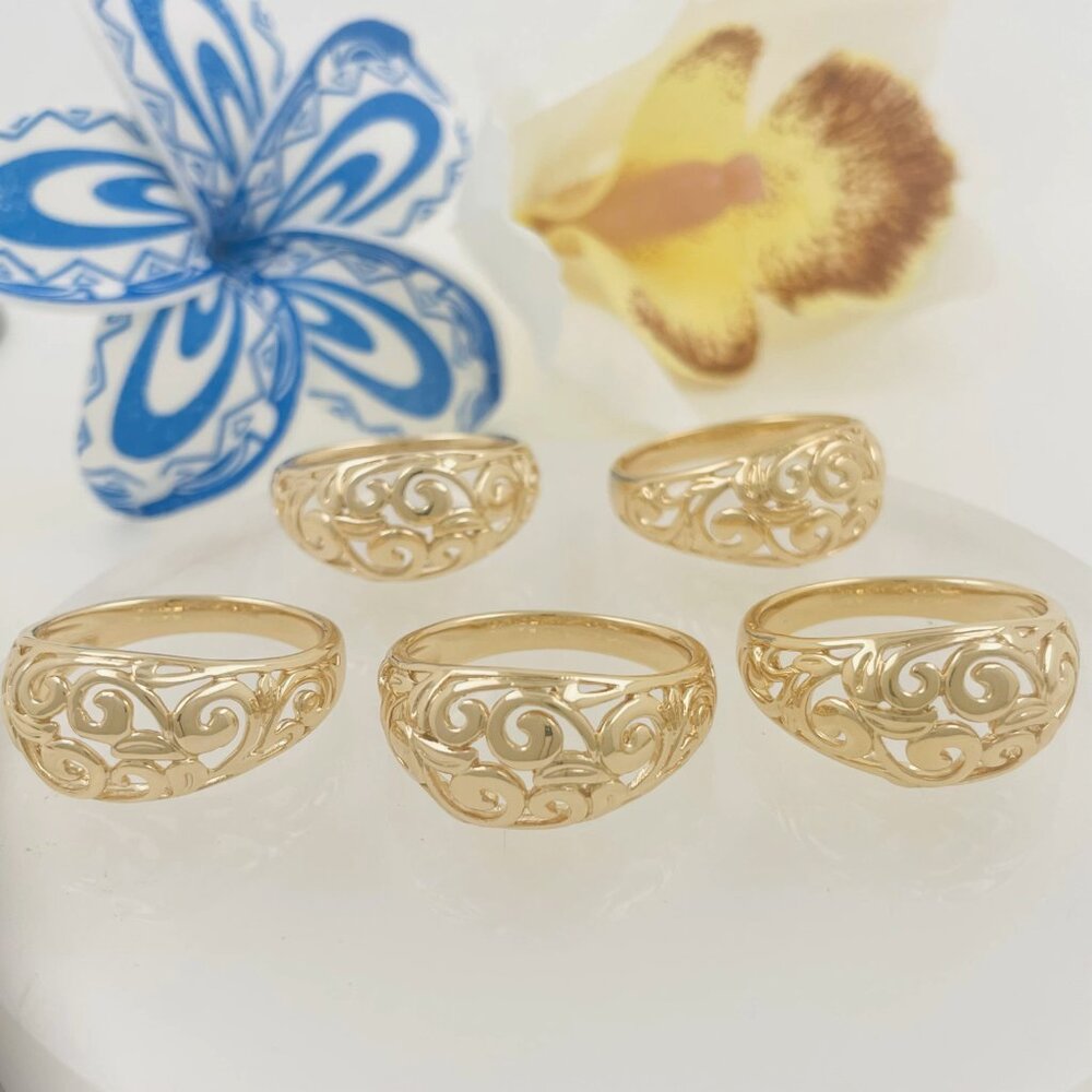 12mm Gold Hawaiian Ali'i Feather Scroll Band Dome ring